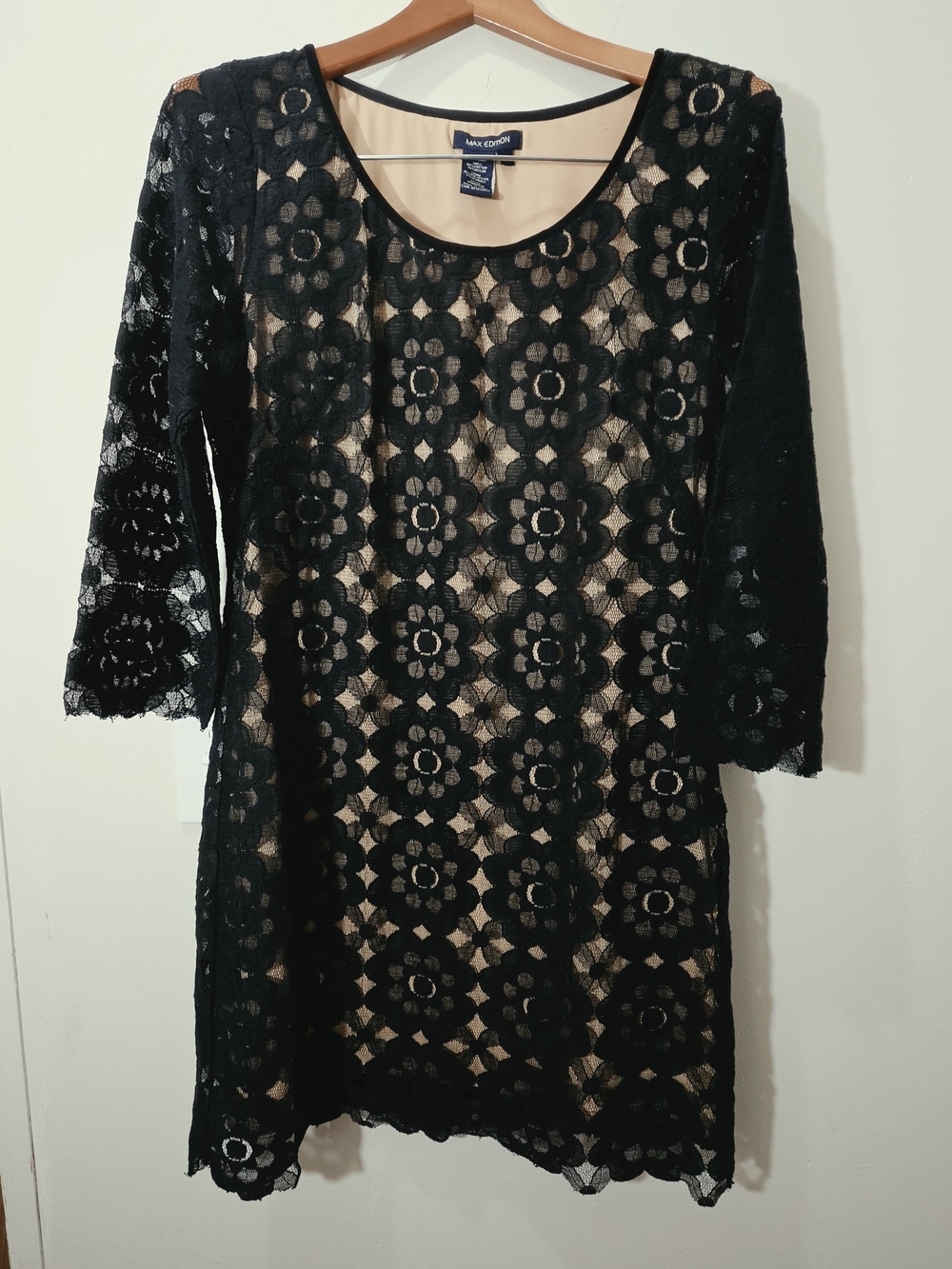 Black Cotton Floral Lace Mesh Sheer Overlay Sheath Midi Dress L Boho Whimsigoth